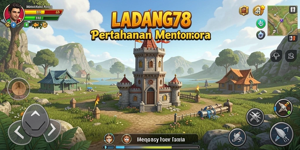 Tangkapan layar utama LADANG78 menampilkan aksi seru dalam pertahanan menara.