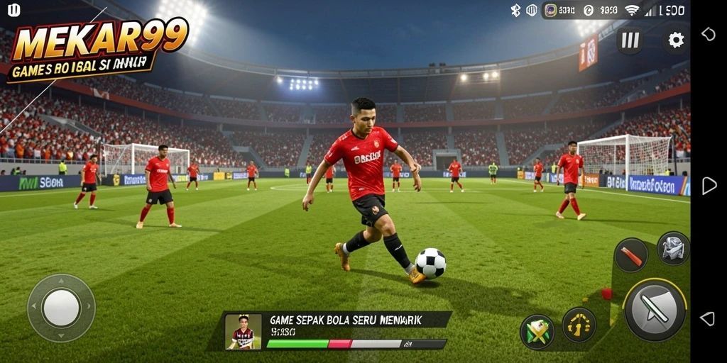 Screenshot gameplay MEKAR99 menampilkan pertandingan sepak bola yang mendebarkan.